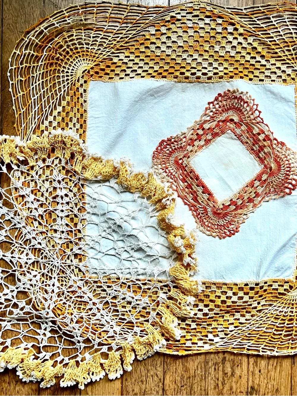 HandmadeVintage Crochet Fall  Doily Set in Yellow, White and Orange